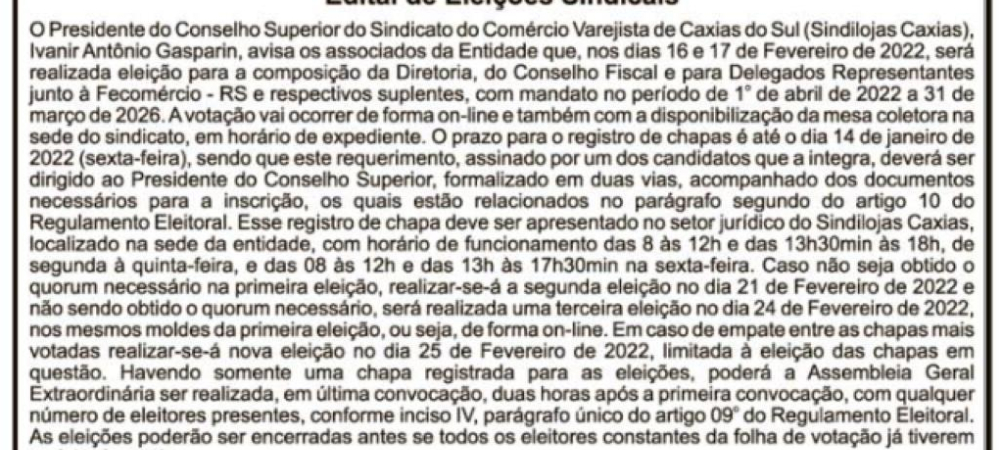Edital de Eleições Sindicais
