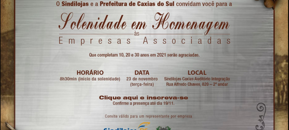 Sindilojas Caxias | Homenagem para empresas associadas será no dia 23