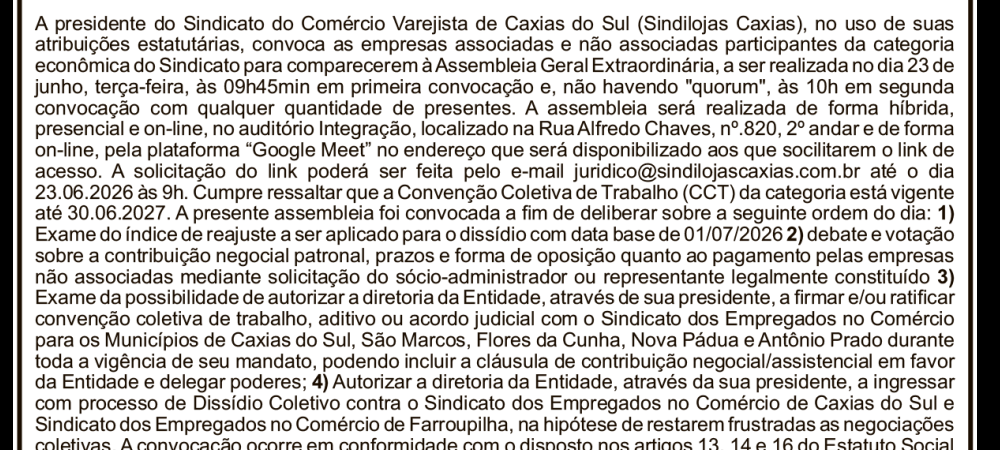 ASSEMBLEIA GERAL EXTRAORDINÁRIA - CCT