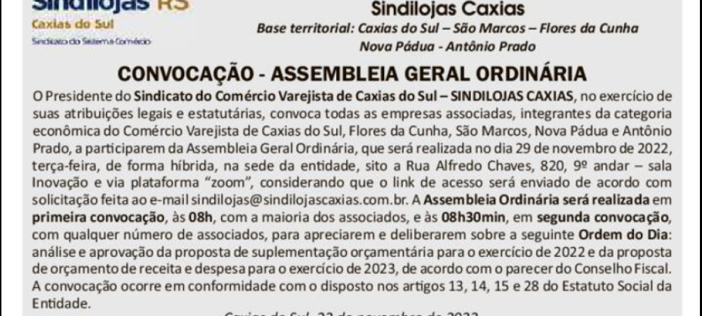 CONVOCAÇÃO |  ASSEMBLEIA GERAL ORDINÁRIA DE 29 DE NOVEMBRO DE 2022