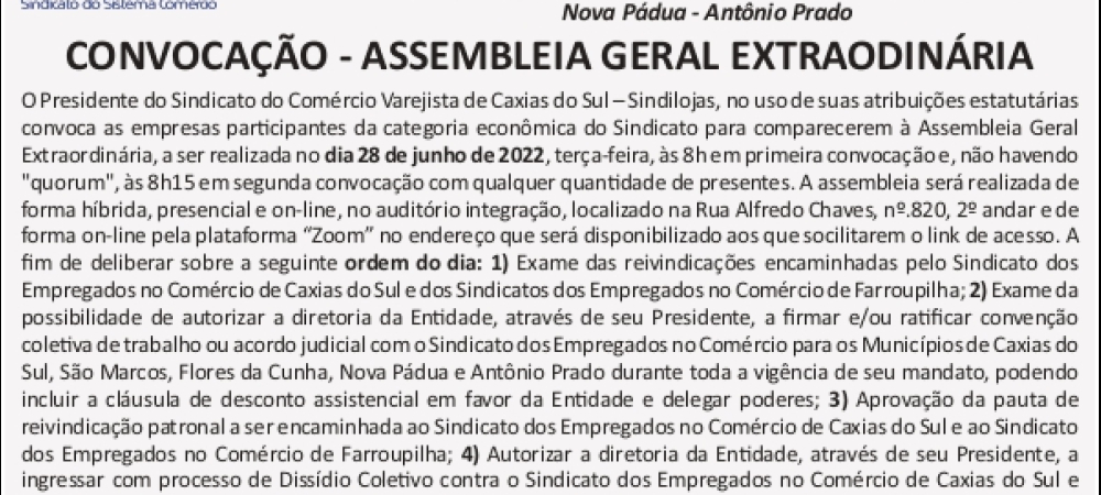 CONVOCAÇÃO |  ASSEMBLEIA GERAL EXTRAODINÁRIA
